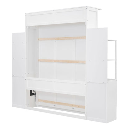 Queen Size Murphy Wall Bed With Shelves, Drawers And LED Lights - White