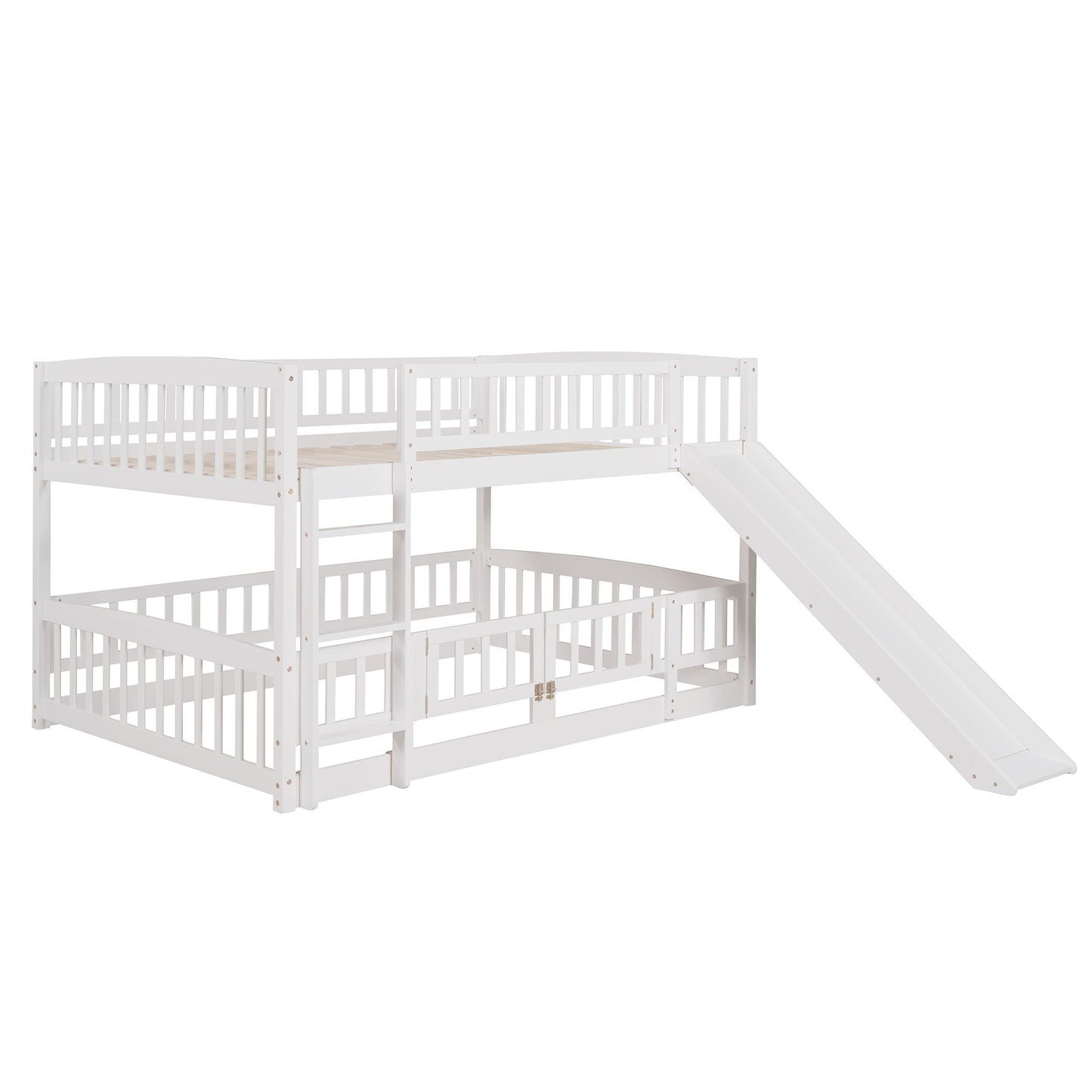 Full Over Full Low Bunk Bed With Slide, Fence And Ladder For Toddler - White