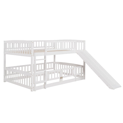 Full Over Full Low Bunk Bed With Slide, Fence And Ladder For Toddler - White