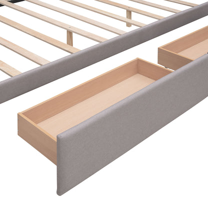 Queen Size Upholstered Platform Bed With 2 Drawers And 1 Twin Long Trundle - Light Gray