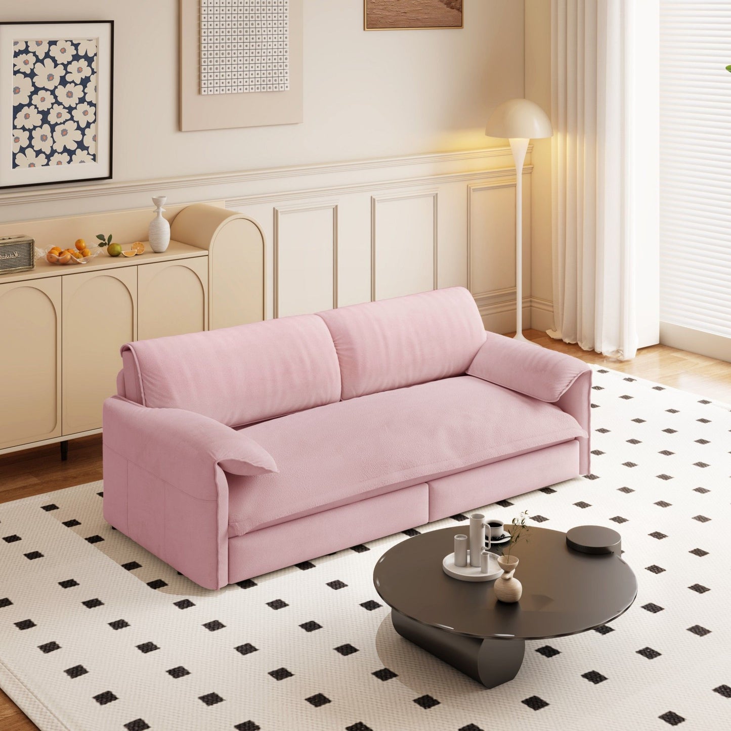 Queen Pull Out Sofa Bed, 3 In 1 Convertible Sleeper Sofa With Side Storage Multifunctional Velvet Loveseat Bed For Living Room - Pink
