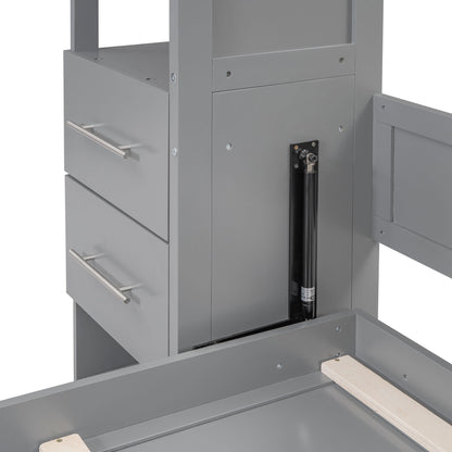 Queen Size Murphy Wall Bed With Shelves, Drawers And LED Lights - Gray