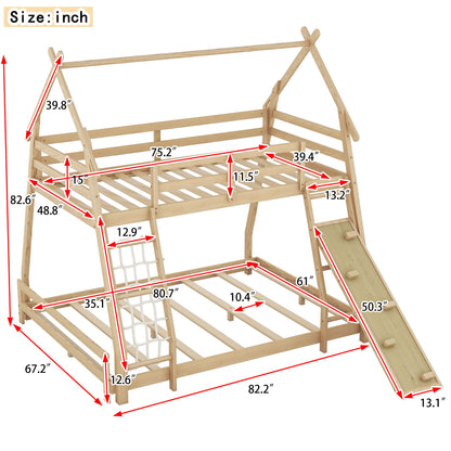 Twin Over Queen House Bunk Bed With Climbing Nets And Climbing Ramp - Natural