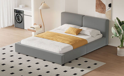 Queen Size Upholstered Platform Bed, Grounded Bed With Solid Frame - Gray