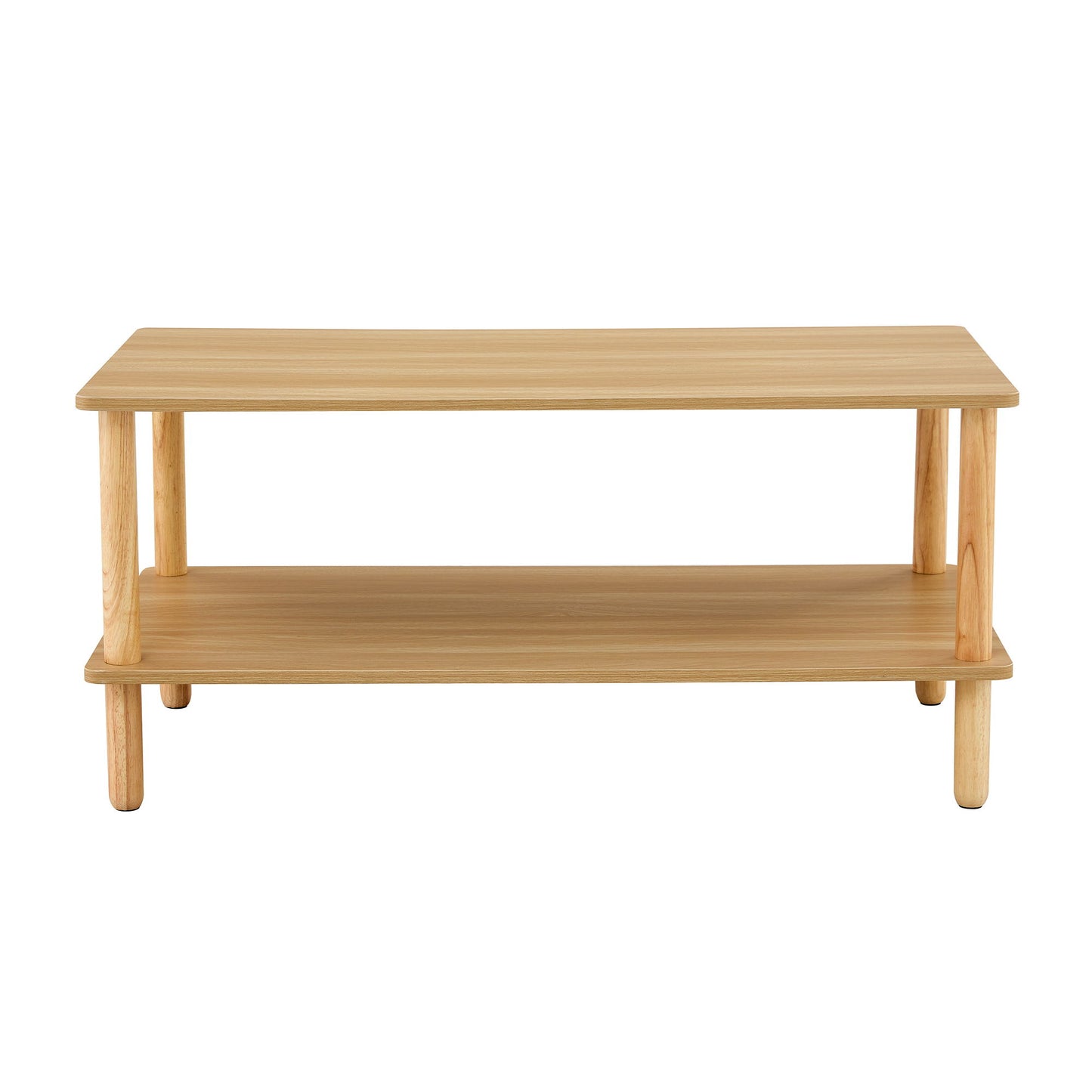 Modern 2 Tier Coffee Table For Living Room Furniture, Rectangular Center Table With Open Storage Shelf, Rounded Rubberwood Legs, Stable And Durable - Burly Wood