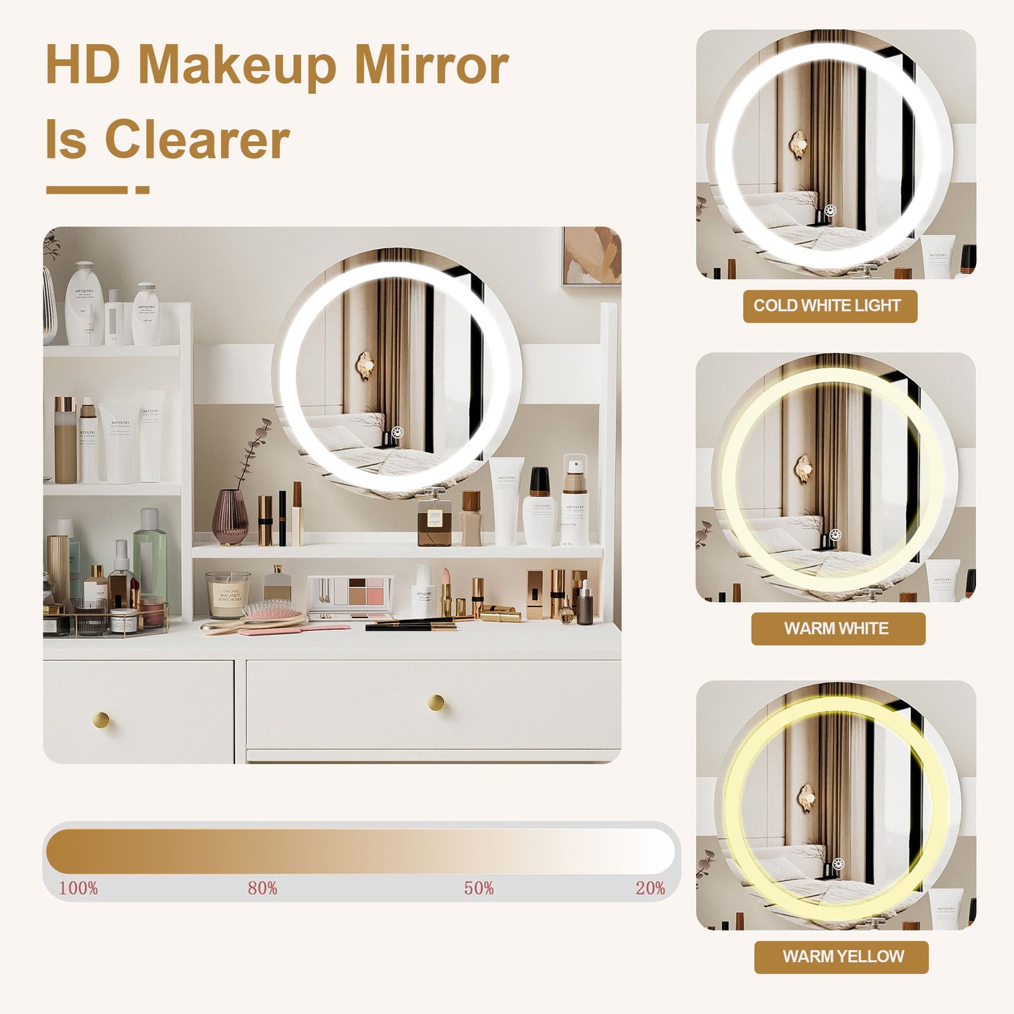 Fashion Vanity Desk With Mirror And Lights For Makeup And Cushioned Chair - White