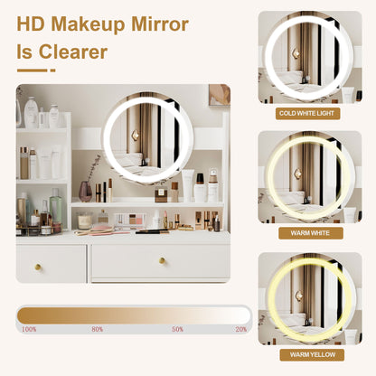 Fashion Vanity Desk With Mirror And Lights For Makeup And Cushioned Chair - White
