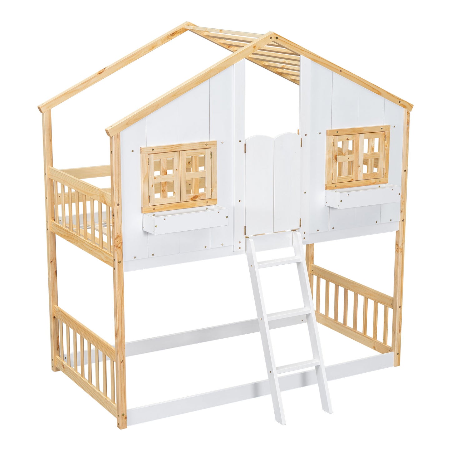 Twin Over Twin House Bunk Bed With Roof, Window, Window Box, Door, With Safety Guardrails And Ladder - Natural / White