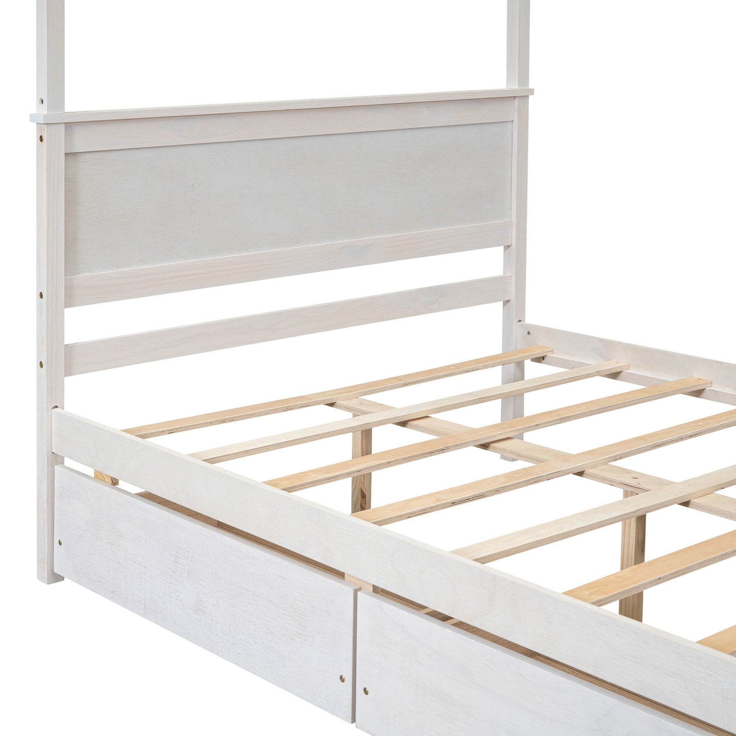 Full Size Canopy Platform Bed 2 Drawers With Support Slats, No Box Spring Needed - Brushed White