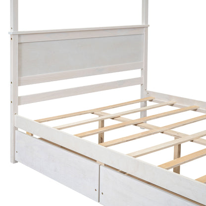Full Size Canopy Platform Bed 2 Drawers With Support Slats, No Box Spring Needed - Brushed White