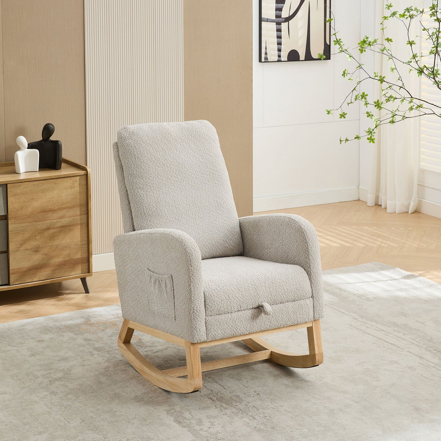 Rocking Chair For Nursery, High Back Glider Chair With Retractable Footrest, Side Pocket, Rocking Accent Armchair With Rubber Wood Legs For Living Room / Bedroom - Light Gray