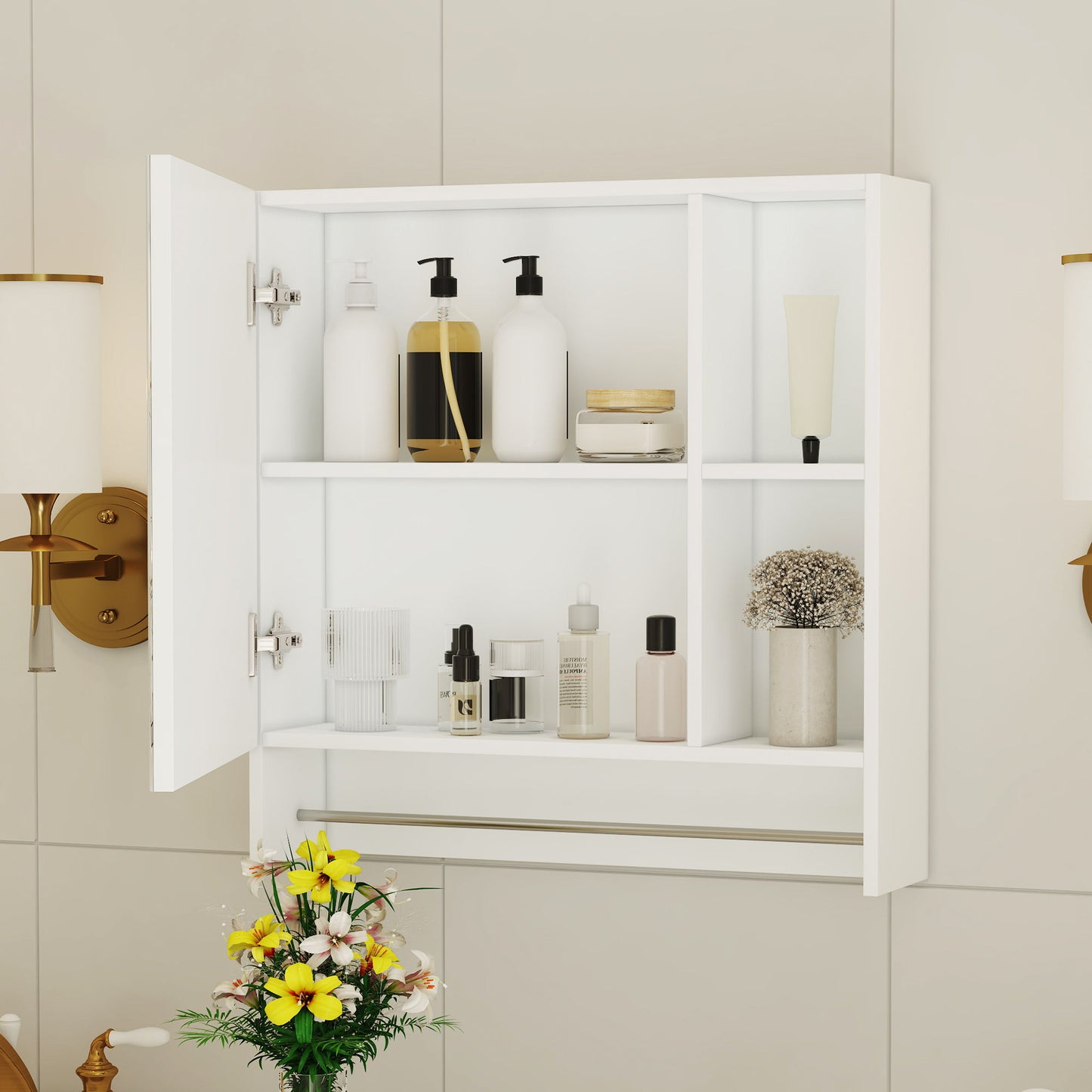 Wall Mounted Bathroom Storage Cabinet With Mirror Door, Medicine Cabinet, Over The Toilet Storage Cabinet With Shelves And Towel Rack - White