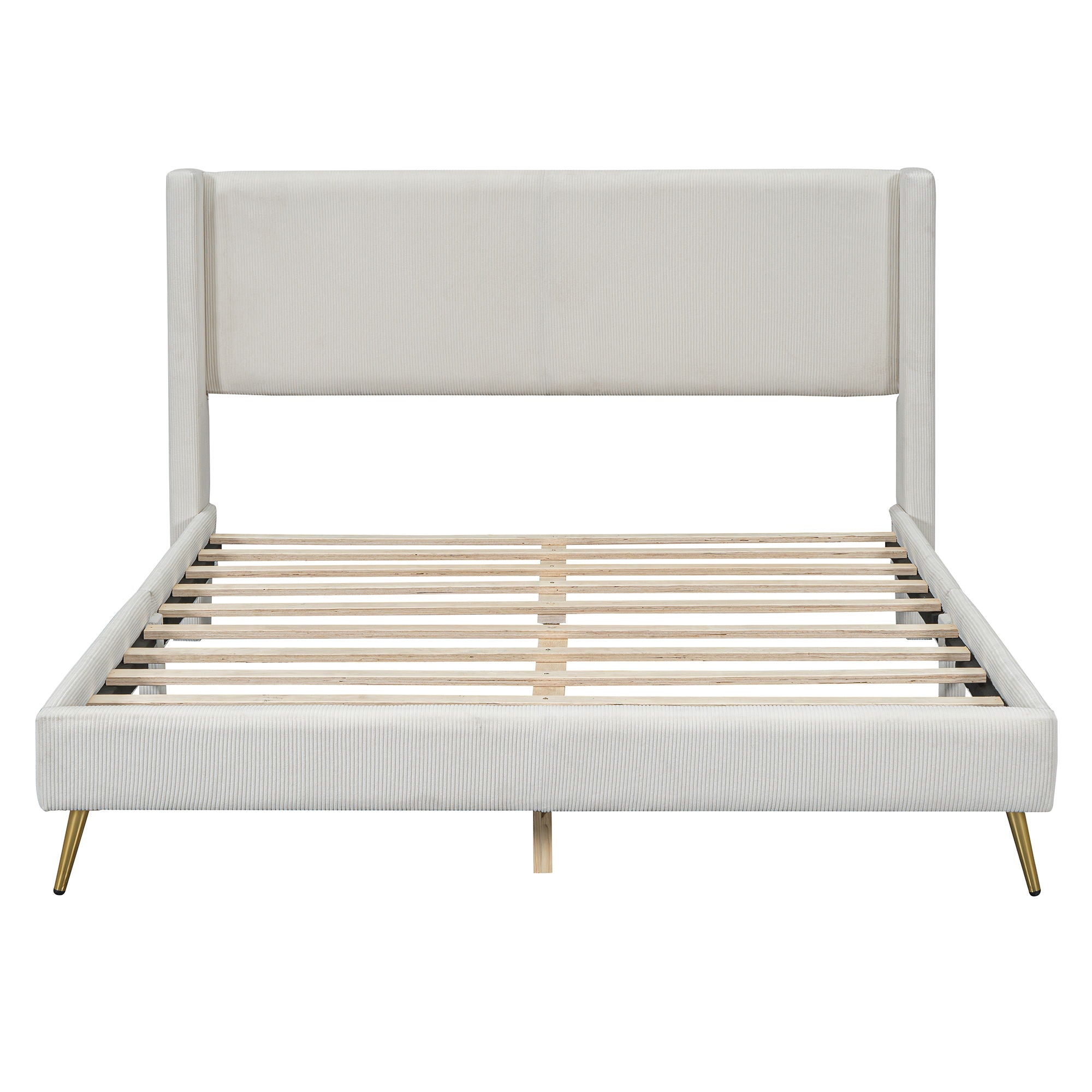 Queen Size Platform Bed With Legs, Frame And Tufted Headboard - Beige