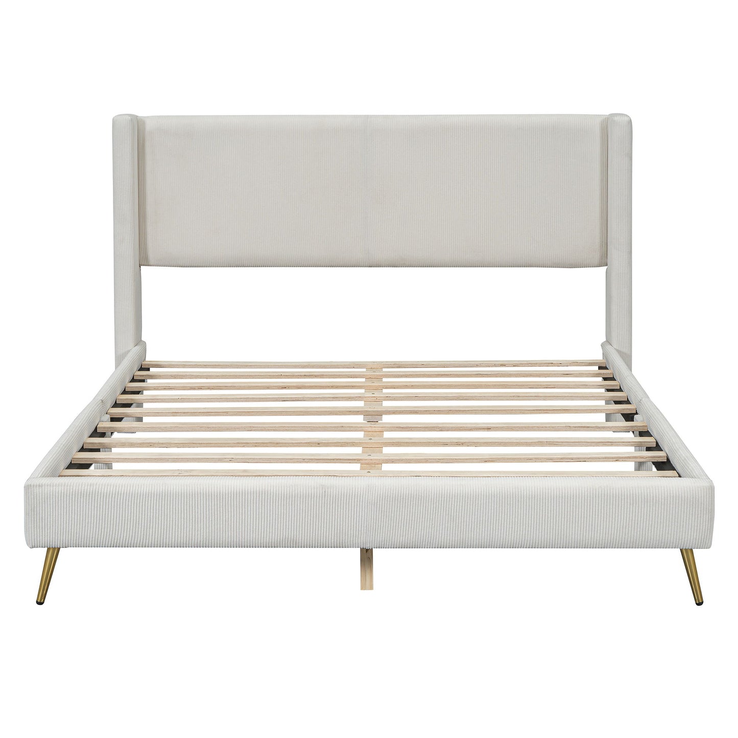 Queen Size Platform Bed With Legs, Frame And Tufted Headboard - Beige