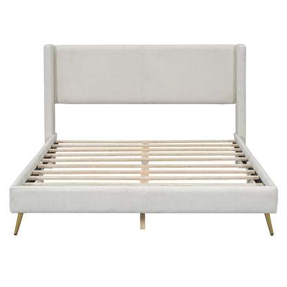 Queen Size Platform Bed With Legs, Frame And Tufted Headboard - Beige