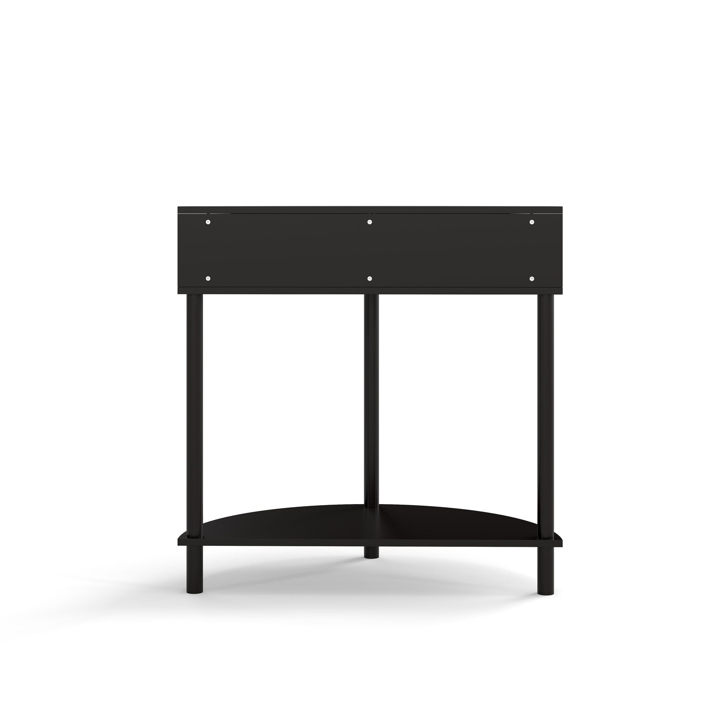 Boho Rattan Semi Circle End Table With Sliding Door, Elegant Wood Accent Table With Storage And Bottom Shelf - Black