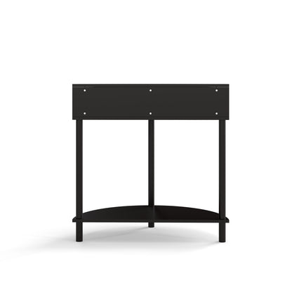 Boho Rattan Semi Circle End Table With Sliding Door, Elegant Wood Accent Table With Storage And Bottom Shelf - Black