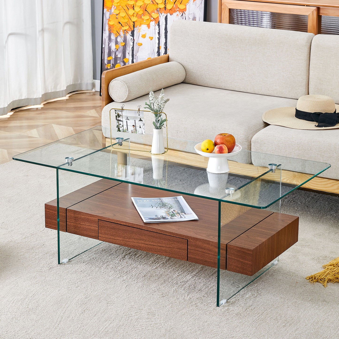 Modern 2 Tier Coffee Table With Drawer Clear Tempered Glass, Multifunctional Storage - Transparent / Wood