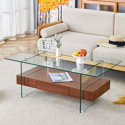 Modern 2 Tier Coffee Table With Drawer Clear Tempered Glass, Multifunctional Storage - Transparent / Wood