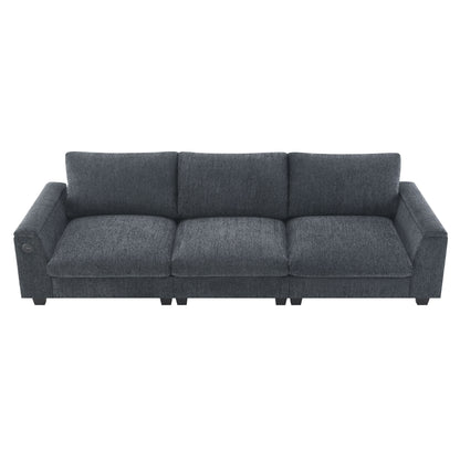 Sectional With Bluetooth Speaker Comfy Cloud Couch Set With Drop Down Table Cup Holders, USB Charger Storage Armrest Wide Seat Sofa - Dark Gray
