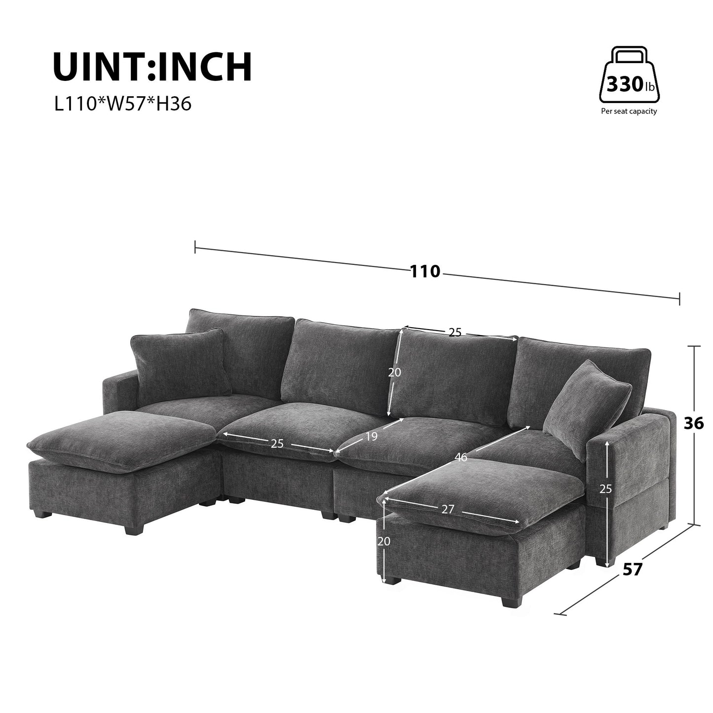 Modern U-Shape Modular Sofa, 6 Seat Chenille Sectional Couch Set With 2 Pillows Included, Freely Combinable Indoor Funiture - Black / Gray