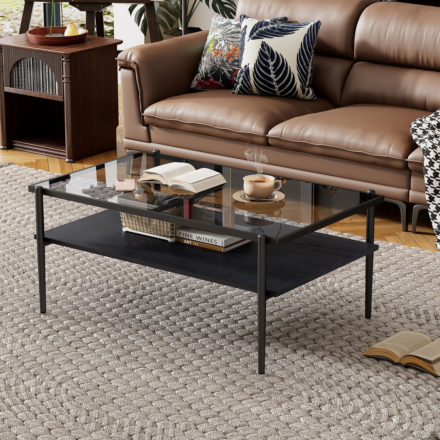 Rectangle Coffee Table With Tempered Glass Top, Modern Table For Living Room - Gray / Black