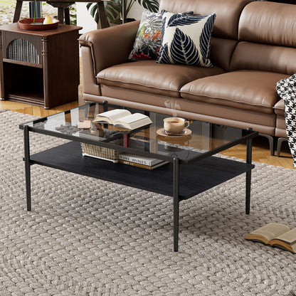 Rectangle Coffee Table With Tempered Glass Top, Modern Table For Living Room - Gray / Black