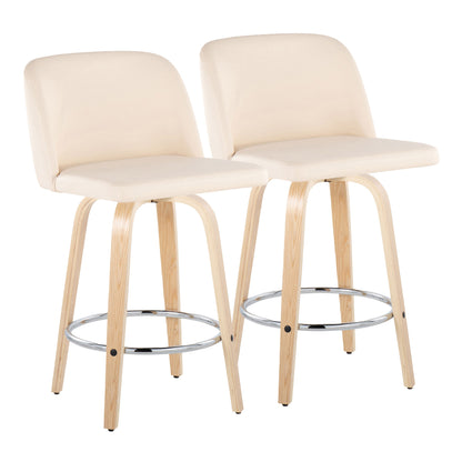 Toriano - Contemporary Fixed Height Counter Stool With Swivel & Round Footrest (Set of 2) - Natural / Cream