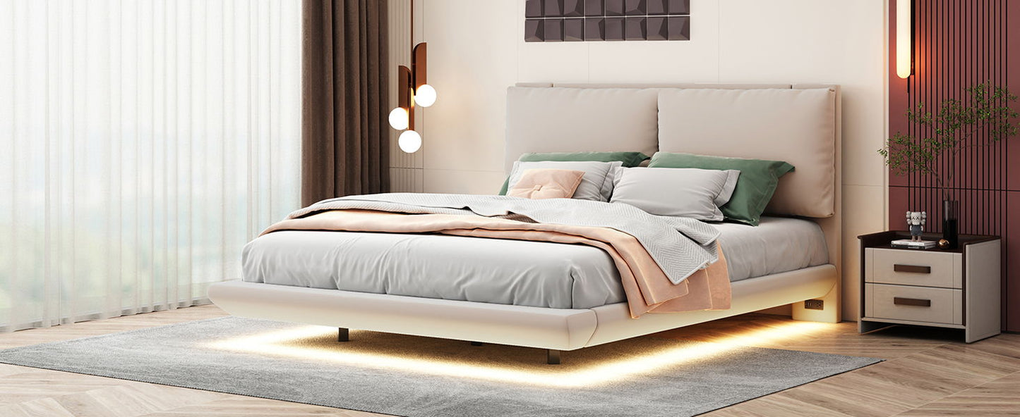 Queen Size Upholstered Platform Bed With Sensor Light And 2 Large Backrests, With 2 Sets Of USB Port And Socket On Each Rear Bed Leg - Beige