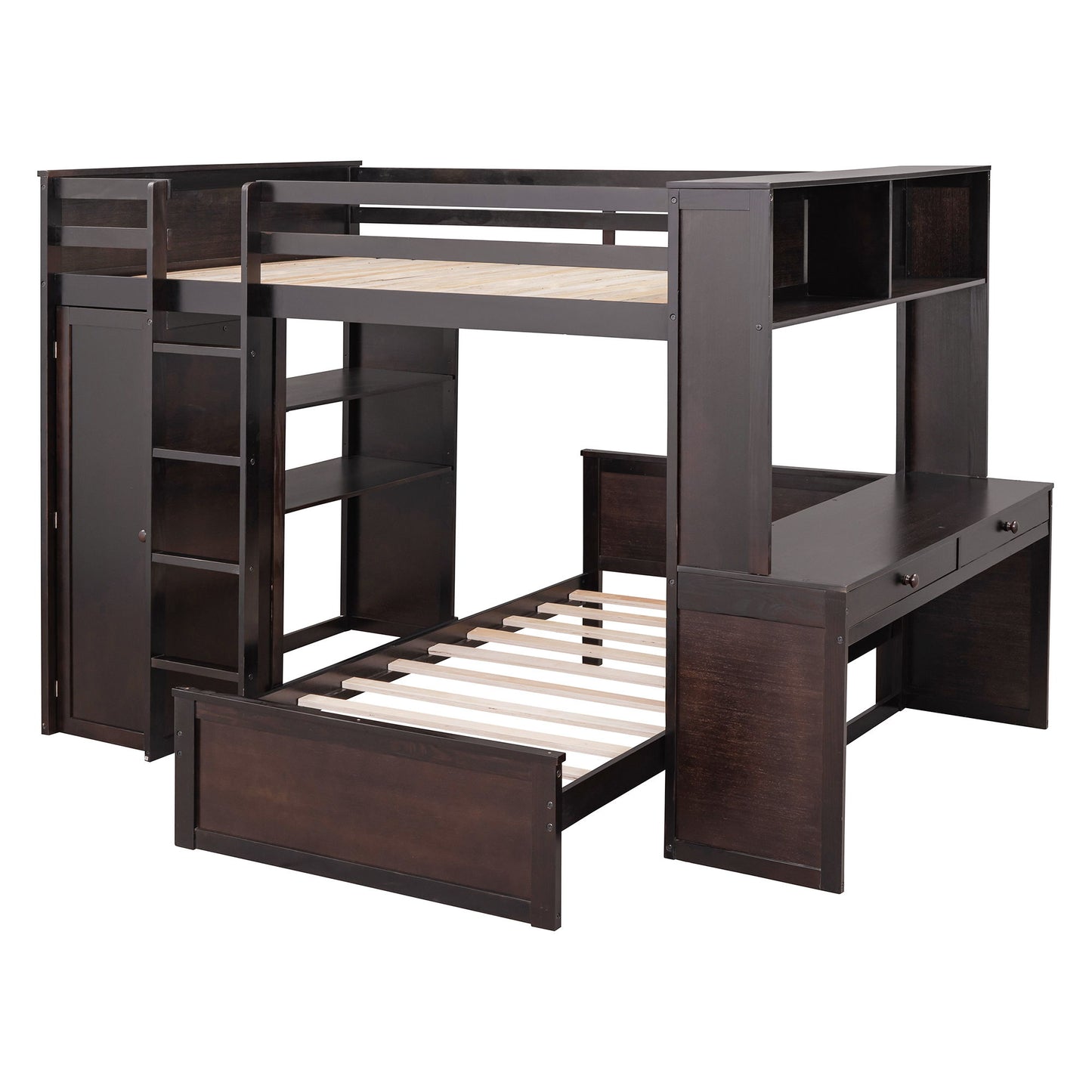 Full Size Loft Bed With A Twin Size Standalone Bed, Shelves, Desk, And Wardrobe - Espresso