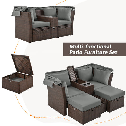 2 Seater Outdoor Patio Daybed Outdoor Double Daybed Outdoor Loveseat Sofa Set With Foldable Awning And Cushions For Garden, Balcony, Poolside - Gray