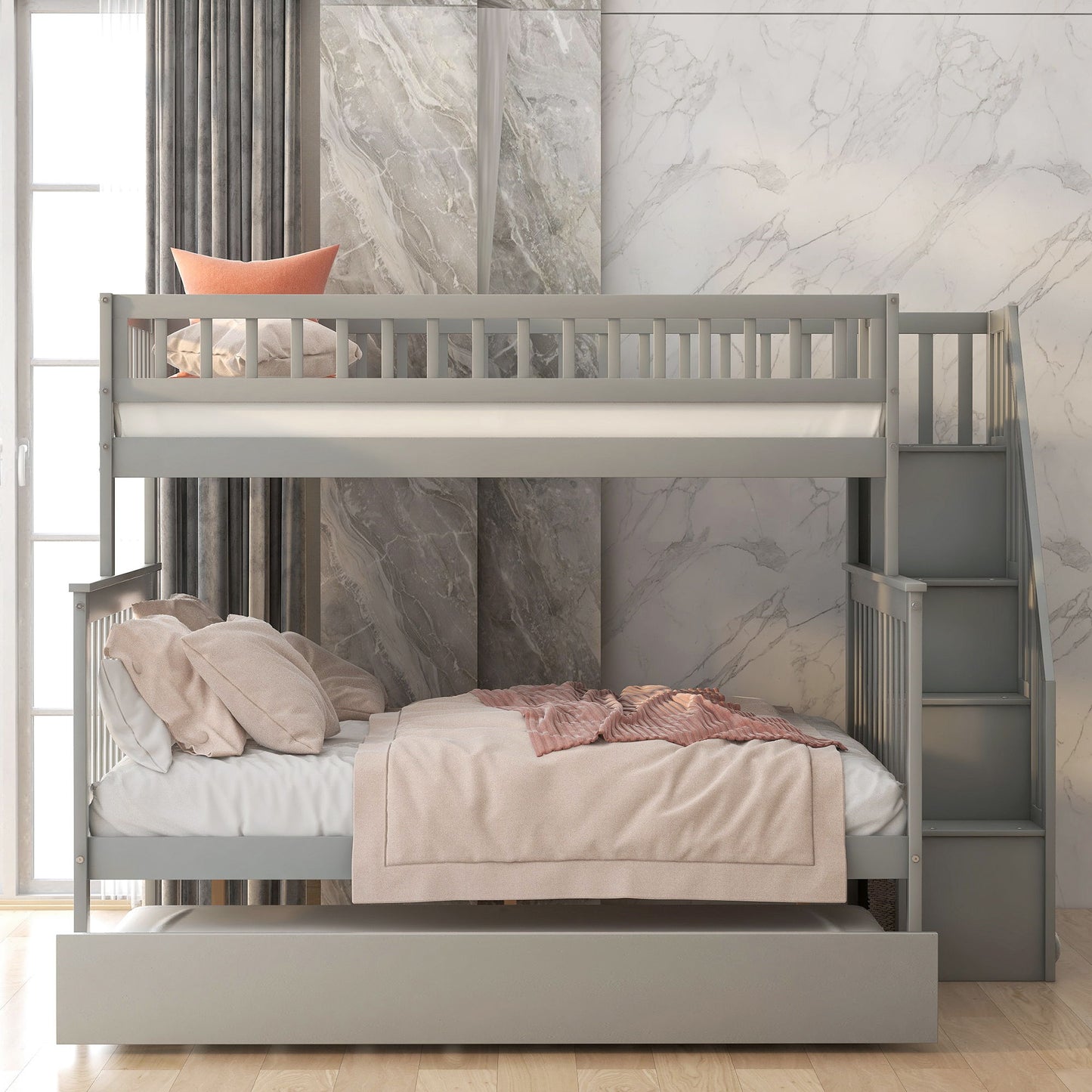 Twin Over Full Bunk Bed With Trundle And Staircase - Gray