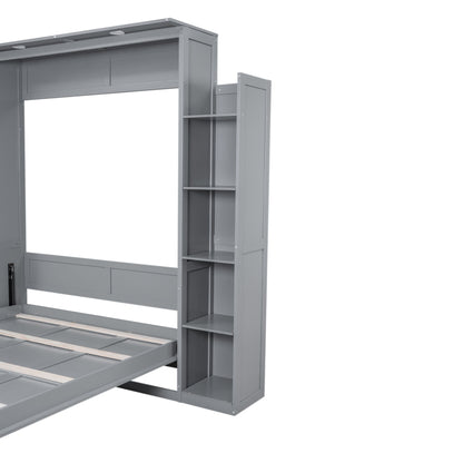 Queen Size Murphy Wall Bed With Shelves And LED Lights - Gray
