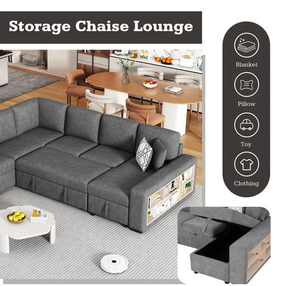 U-Shaped Sectional Sofa Pull-Out Sofa Bed With Two USB Ports, A Storage Chaise Lounge And Four Back Pillows For Living Room - Gray