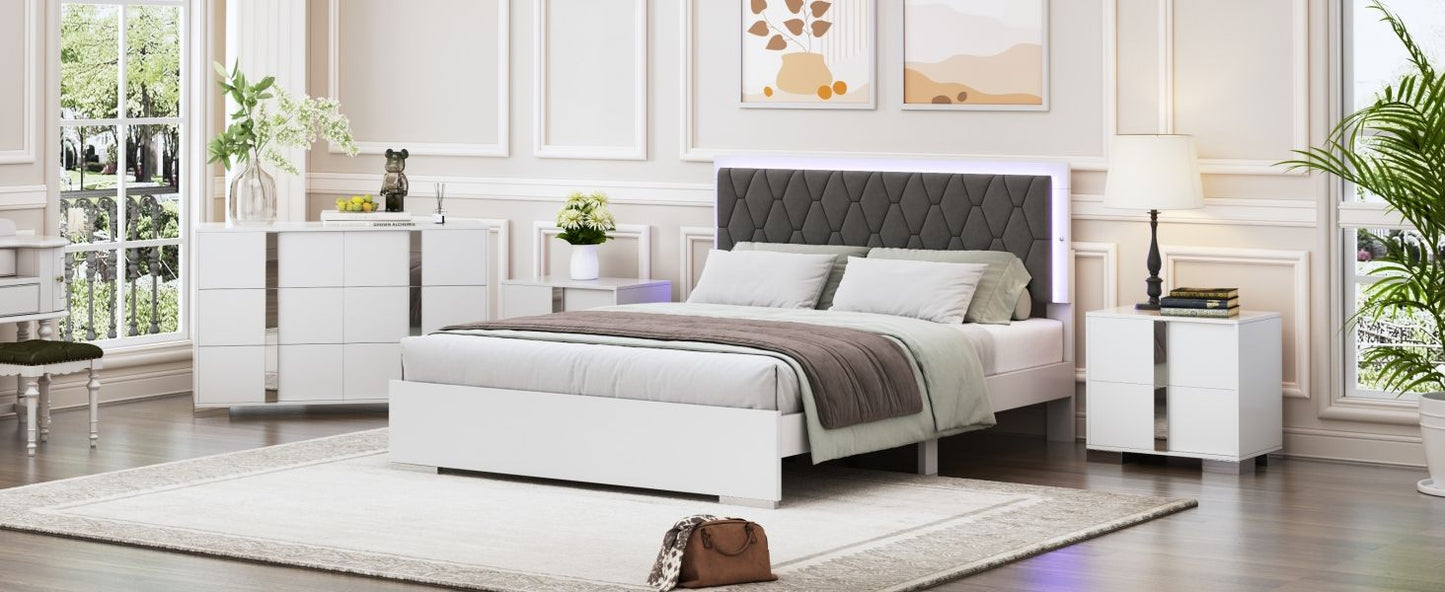 4 Piece Bedroom Sets Queen Size Upholstered Bed With LED Lights, Mirrored Nightstands And Dresser With Metal Handles And Legs - White