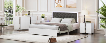 4 Piece Bedroom Sets Queen Size Upholstered Bed With LED Lights, Mirrored Nightstands And Dresser With Metal Handles And Legs - White