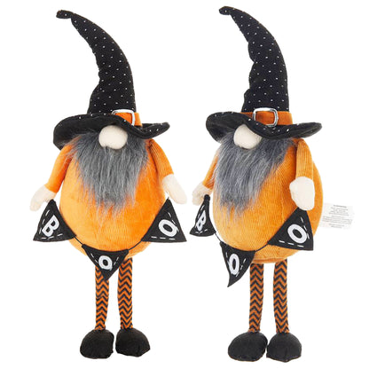 Standing Gnome With Gnome & Holding Banner, For Halloween Decor (Set of 2) - Black / Orange / White