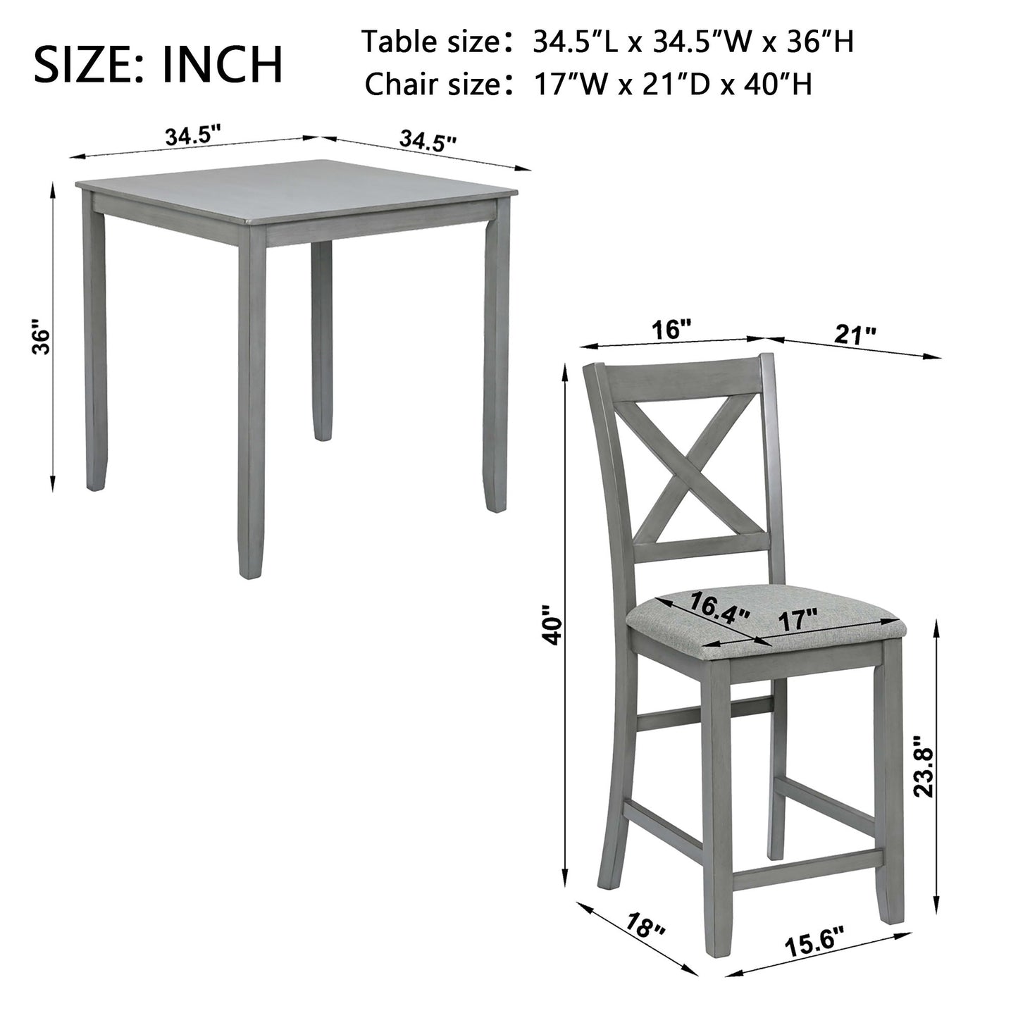 5 Piece Dining Table Set, Wooden Dining Square Table Set For 4, Counter Height Kitchen Table Set With Square Table And 4 Upholstered Chairs For Small Space - Gray