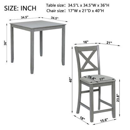 5 Piece Dining Table Set, Wooden Dining Square Table Set For 4, Counter Height Kitchen Table Set With Square Table And 4 Upholstered Chairs For Small Space - Gray