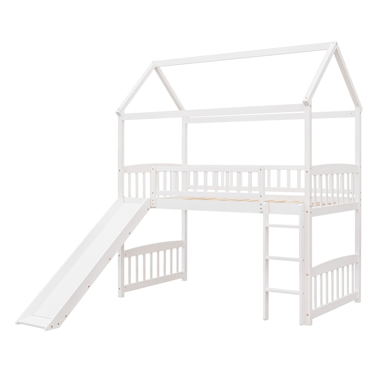 Twin House Loft Bed With Slide - White