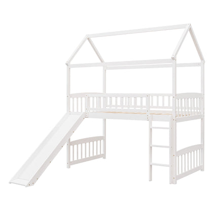 Twin House Loft Bed With Slide - White