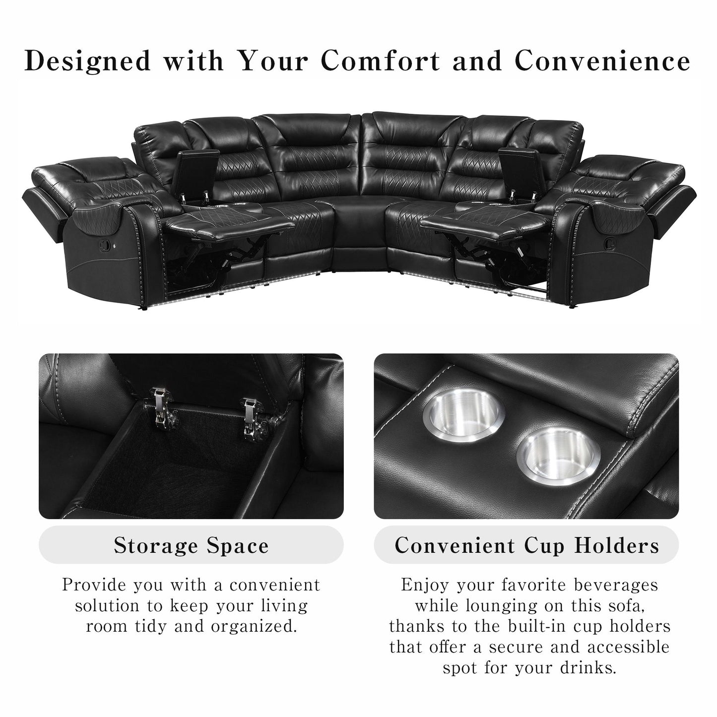 Manual Reclining Sectional Sofa Set L Shaped Symmetrical Motion Sofa Corner Couch Sets With Storage Boxes, 4 Cup Holders And LED Light Strip For Living Room - Black