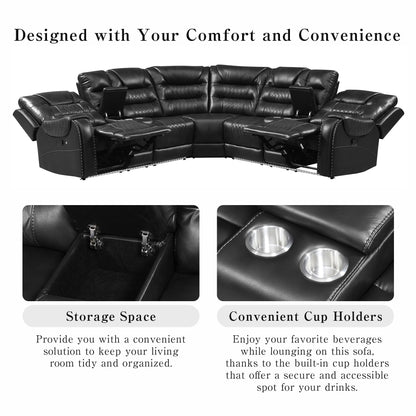 Manual Reclining Sectional Sofa Set L Shaped Symmetrical Motion Sofa Corner Couch Sets With Storage Boxes, 4 Cup Holders And LED Light Strip For Living Room - Black