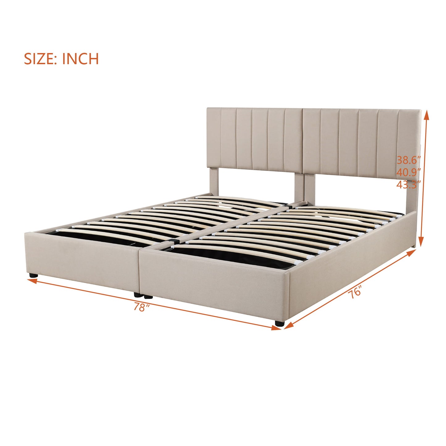 King Size Upholstered Platform Bed With A Hydraulic Storage System - Beige