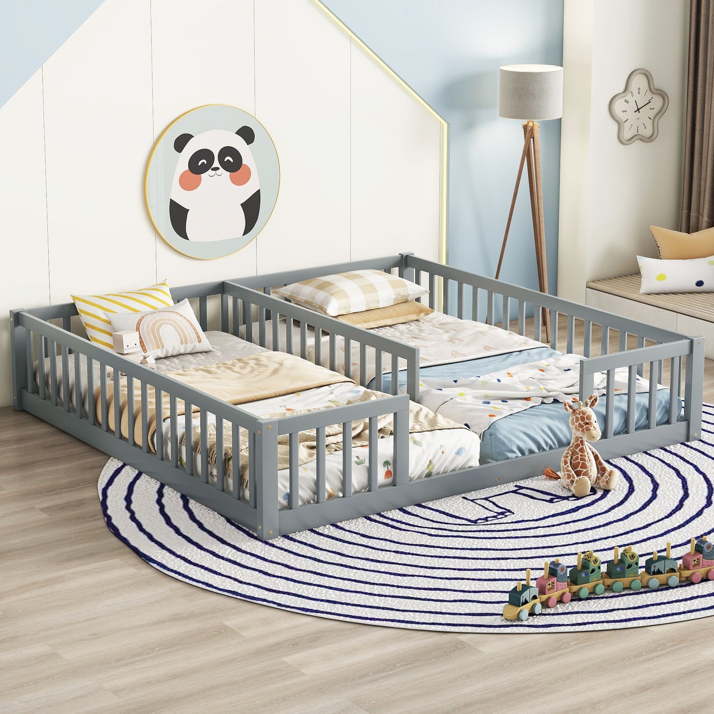 Double Twin Floor Bed With Fence, Guardrails, Without Door - Gray