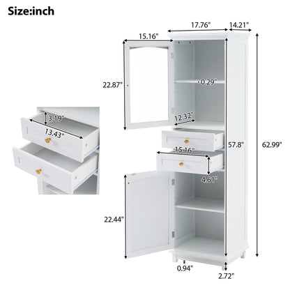 Tall Bathroom Storage Cabinet With Glass Doors, Free-Standing, Two Drawers, And Adjustable Shelves, MDF Board, Painted Perfect For Displaying Your Favorite Items - White