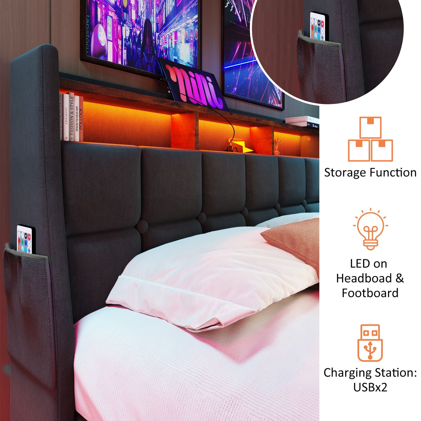 Full Size Upholstered Platform Bed With A Hydraulic Storage System, LED And USB Charging (Without Mattress) - Gray