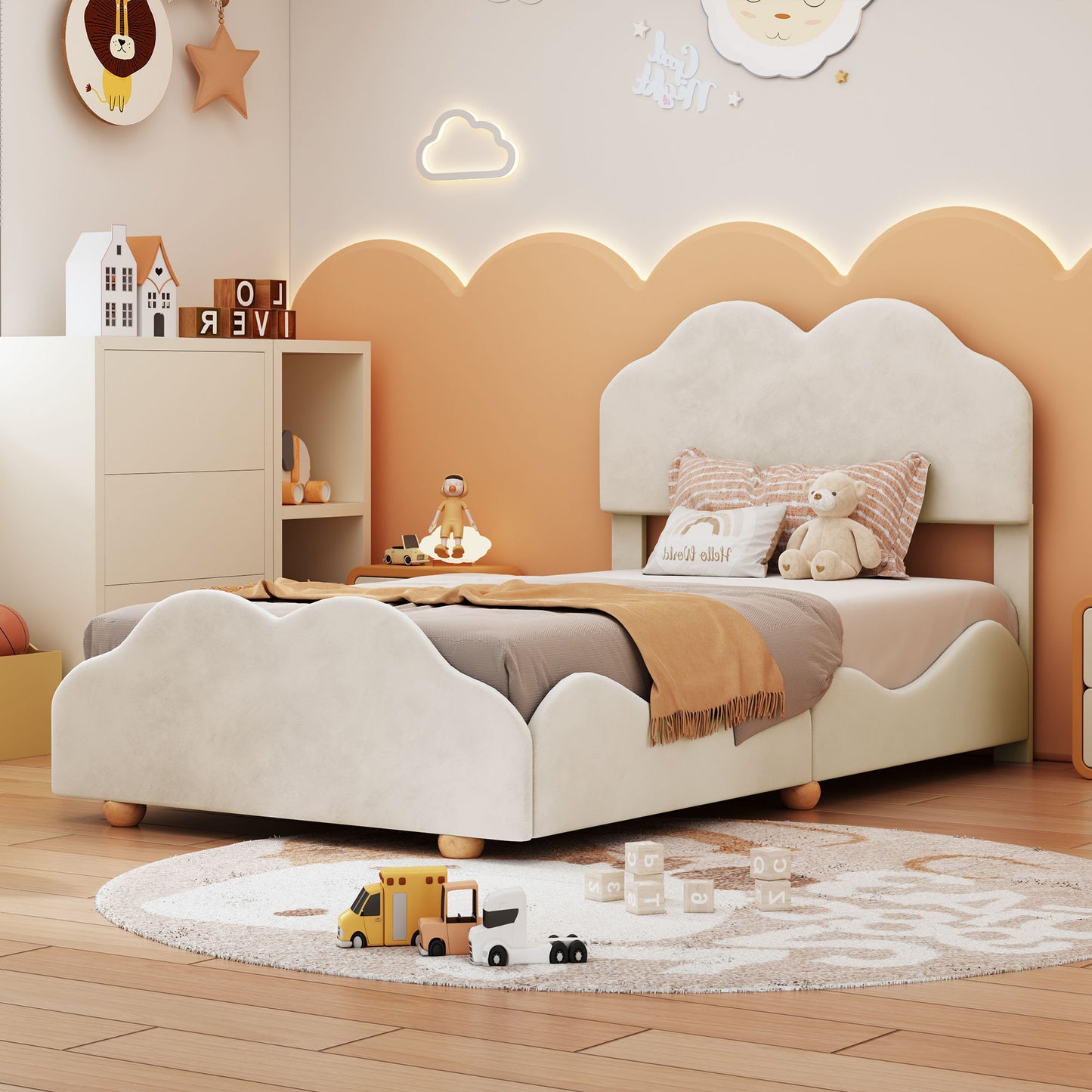 Twin Size Upholstered Platform Bed With Cloud Shaped Board - Beige