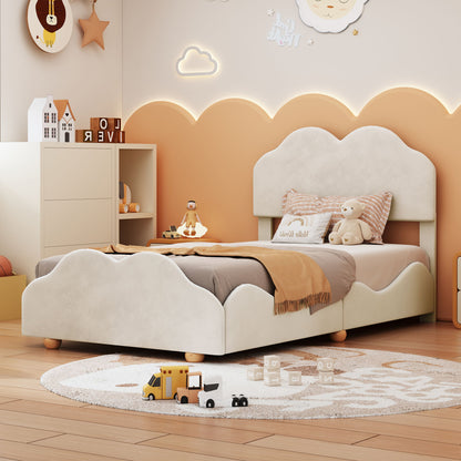 Twin Size Upholstered Platform Bed With Cloud Shaped Board - Beige