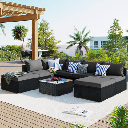 8 Pieces Outdoor Patio Furniture Sets, Garden Conversation Wicker Sofa Set, Single Sofa Combinable - Gray / Black